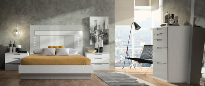 dormitorio principal cabecero geométrico cama doble mesillas noche cómoda muebles Thermobel Segovia
